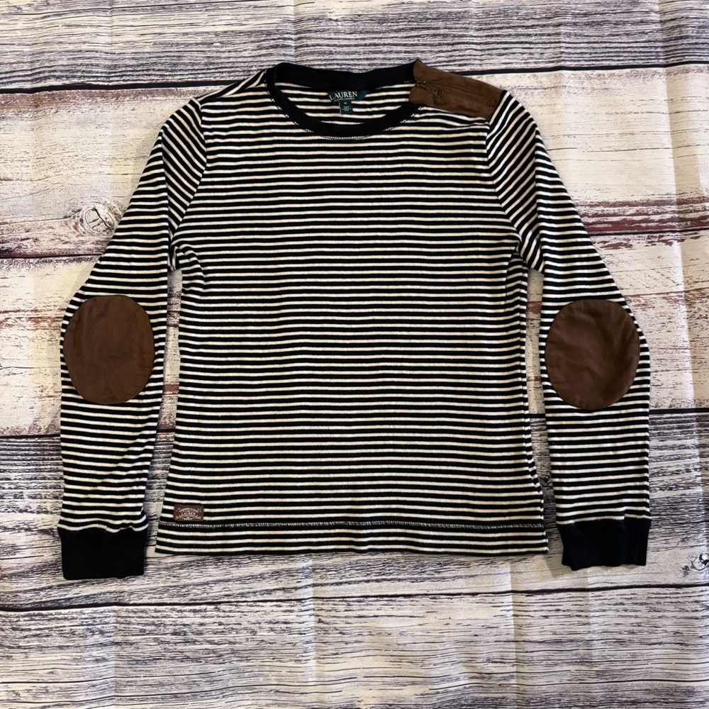 Lauren Ralph Lauren Striped Cotton Top M Brown Elbow Patches Zip Shoulder
